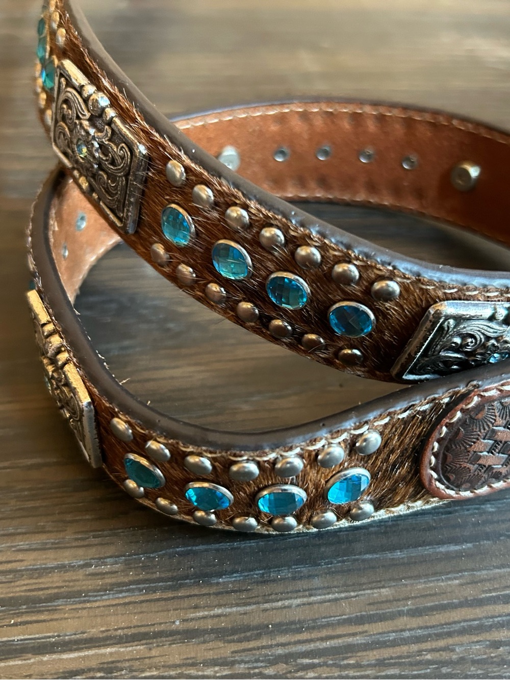 Nocona Brown Belt with  Blue Stones  and Silver Accents size 28 waist